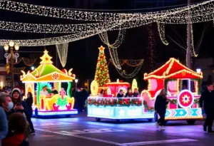Festive scene of a parade in San Diego during the holiday season
