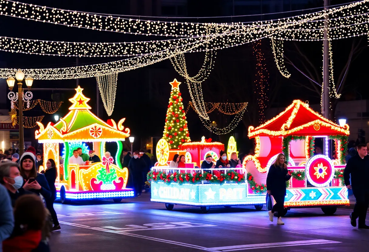 Festive scene of a parade in San Diego during the holiday season