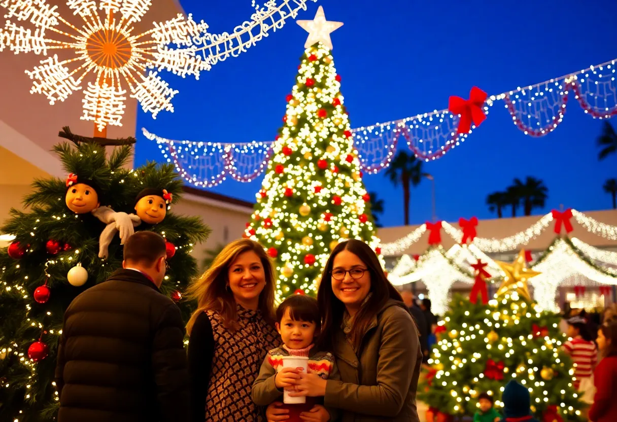 Families celebrating around a Christmas tree in San Diego