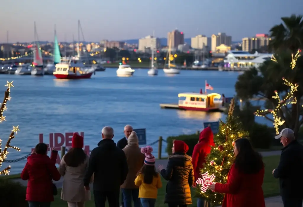 Families enjoying San Diego holiday festivities with lights and decorations