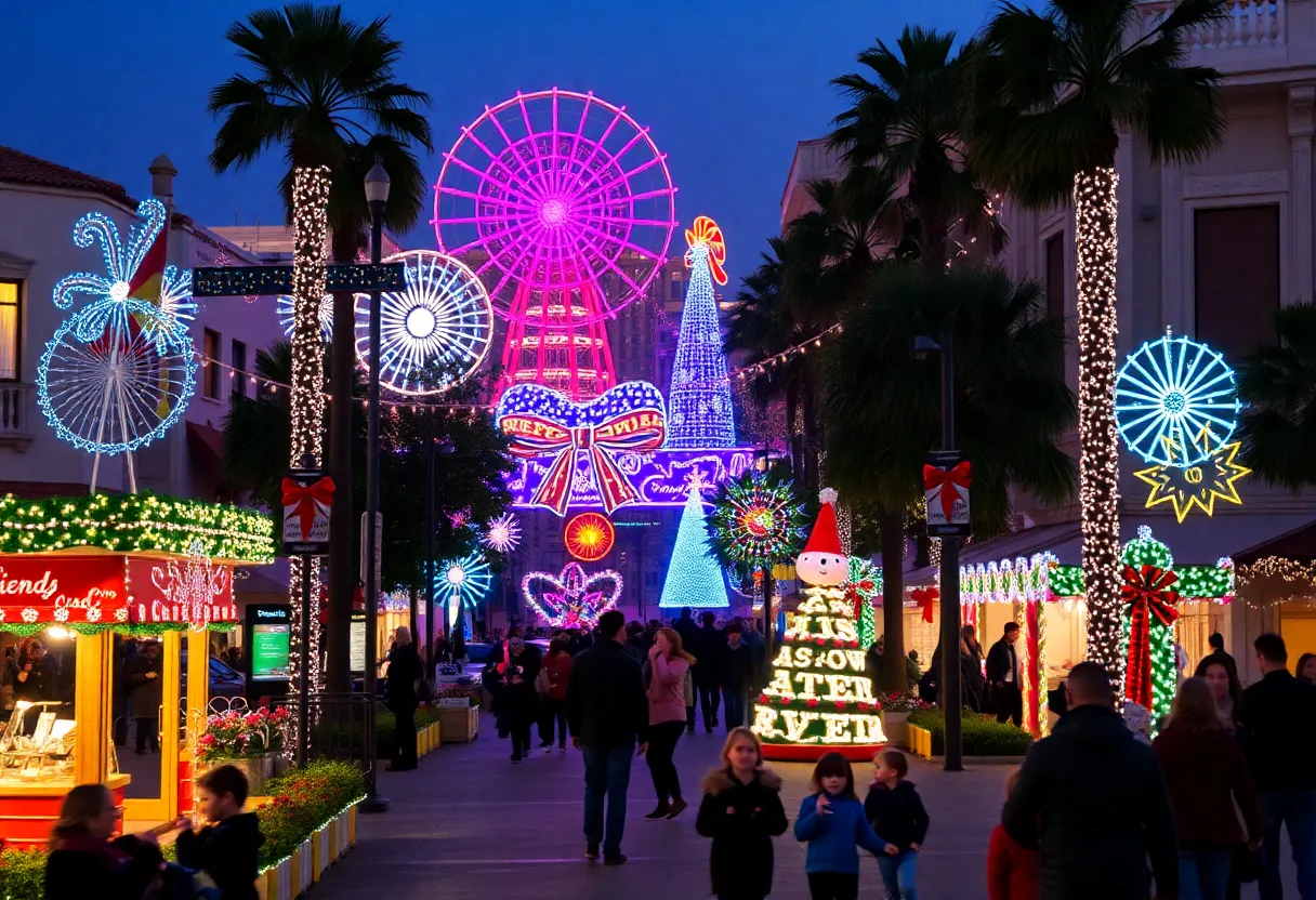 Festive lights and decorations in San Diego during the holiday season.
