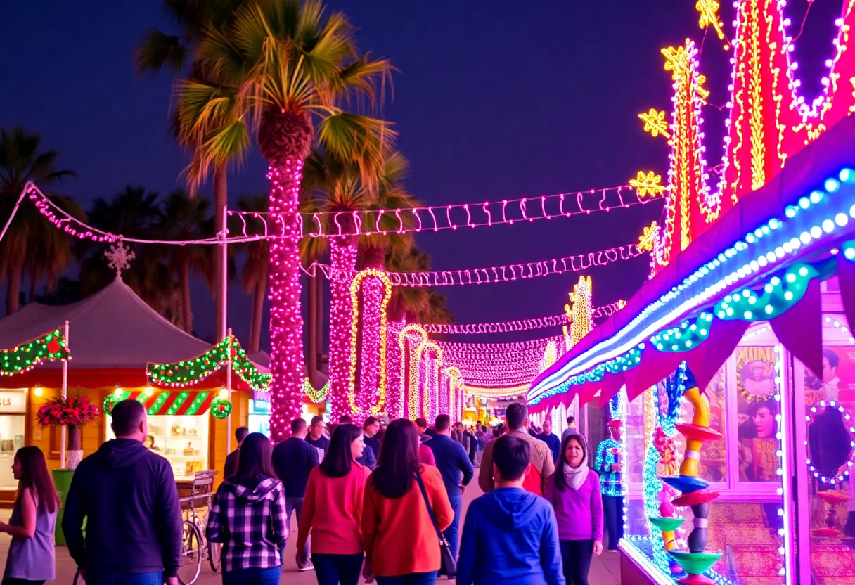 Families enjoying San Diego holiday festival with lights and decorations.