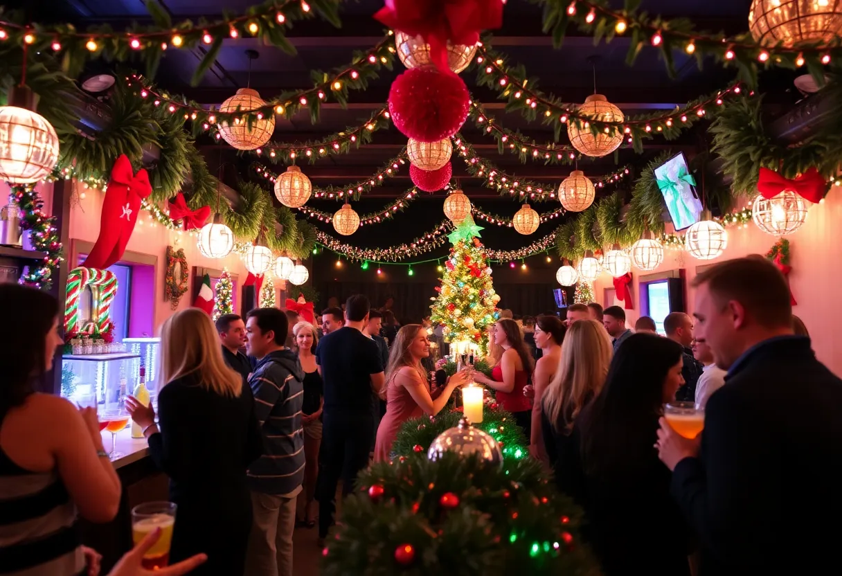 People enjoying festive drinks at a holiday pop-up bar in San Diego