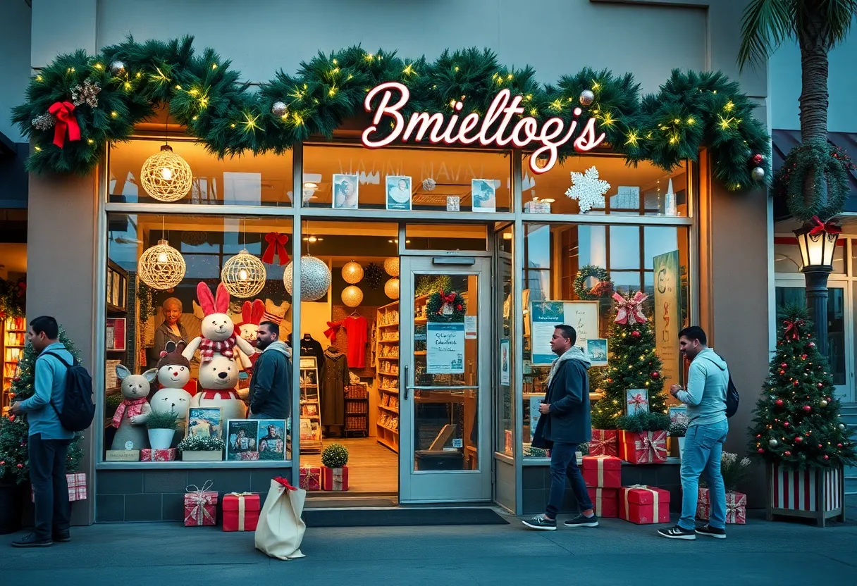Festively decorated San Diego small business during holiday shopping season