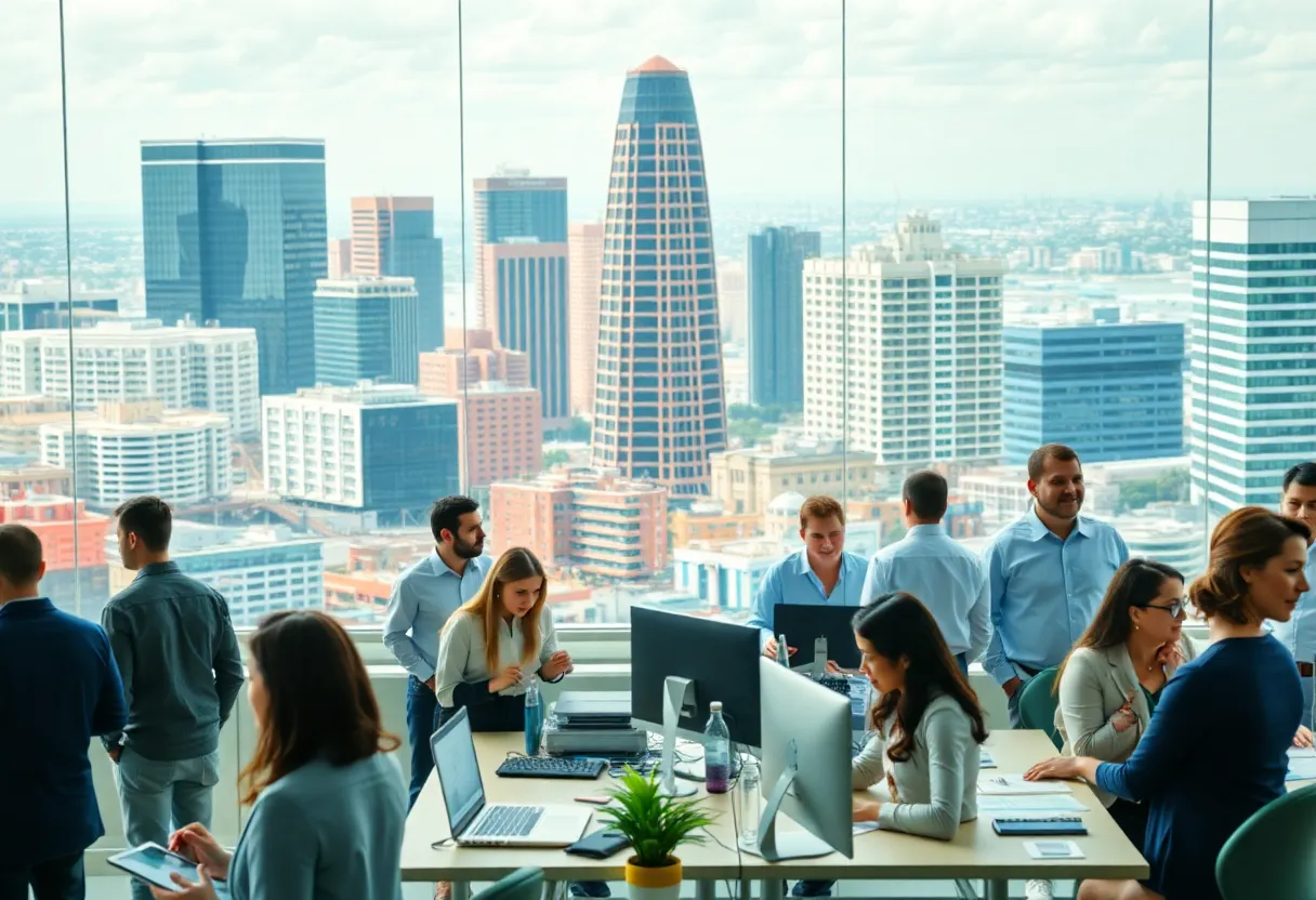Diverse professionals collaborating in an office in San Diego.