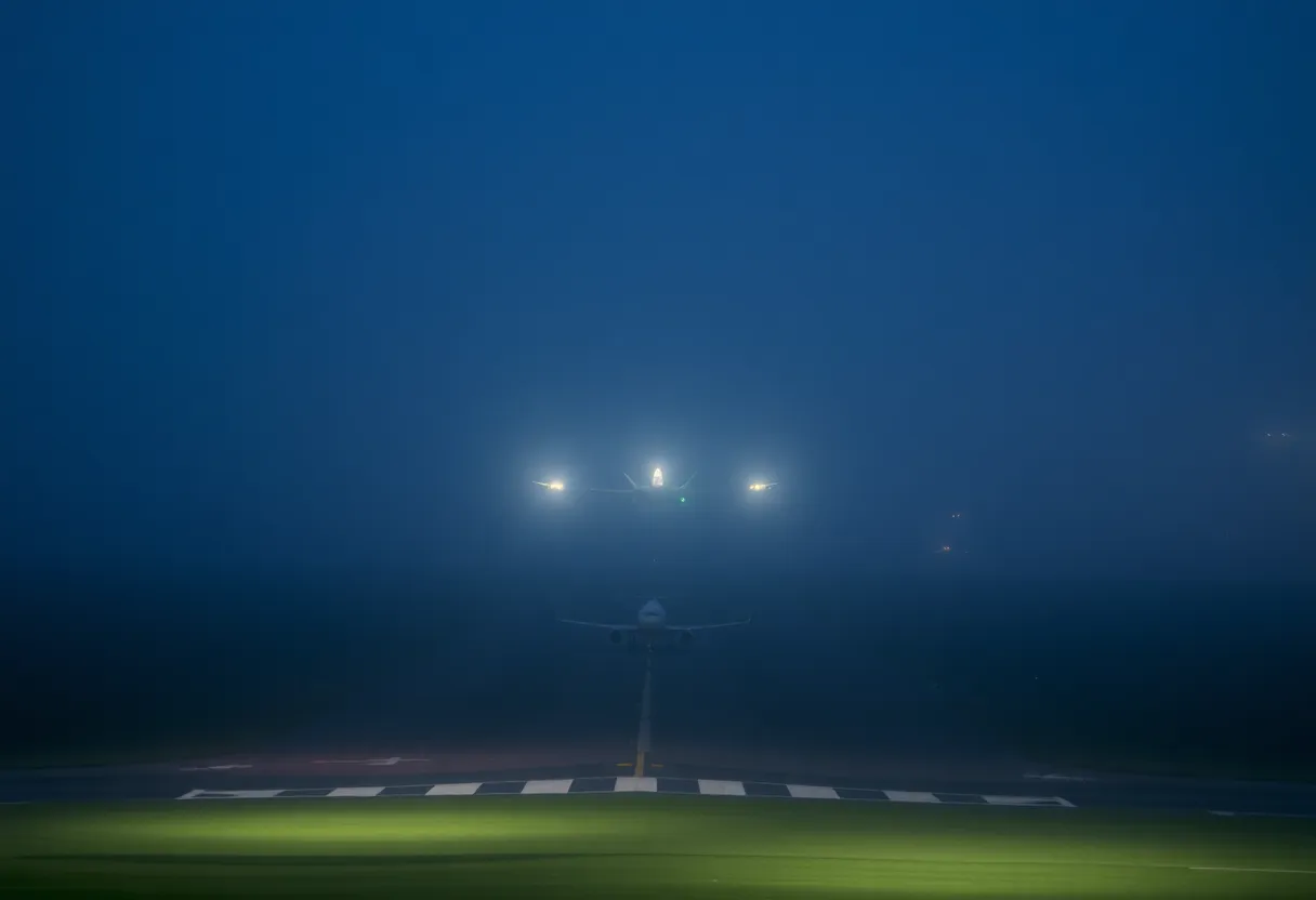 Dense fog at airport impacting visibility