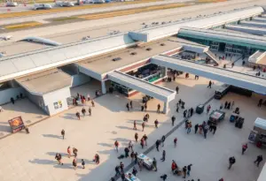 Overview of San Diego International Airport showing travelers and amenities