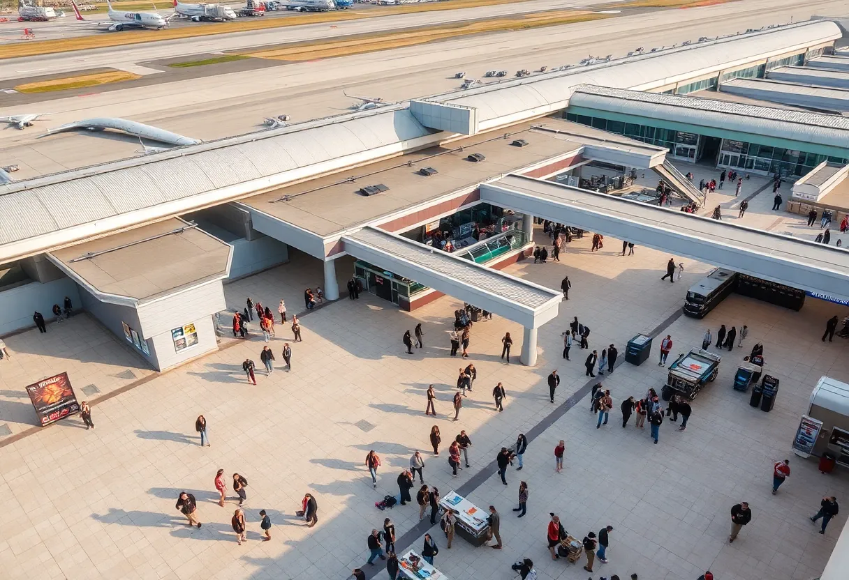 Overview of San Diego International Airport showing travelers and amenities
