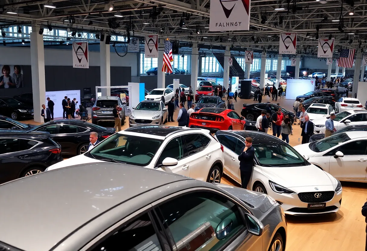 A variety of cars featured at the San Diego International Auto Show in a bustling convention setting.