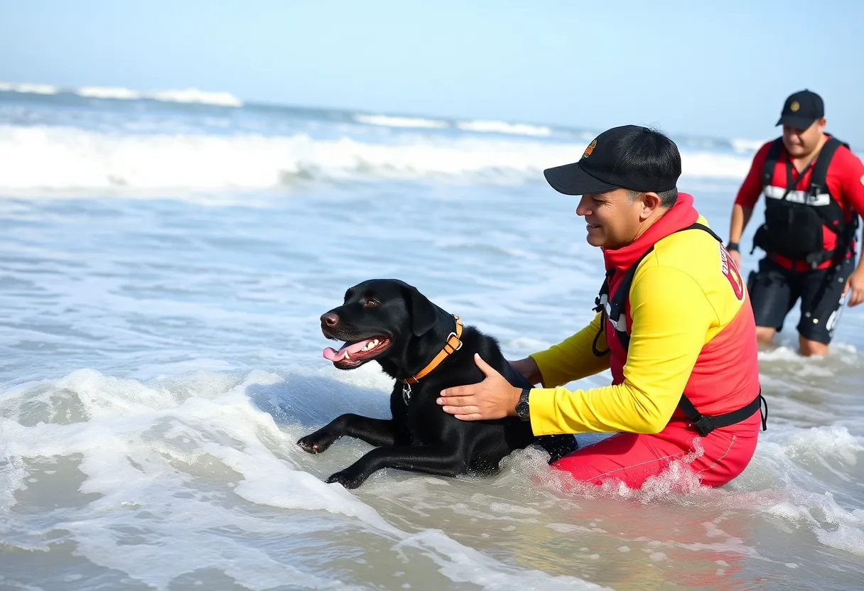 Lifeguard rescuing a black Labrador retriever mix named Sadie from San Diego waters