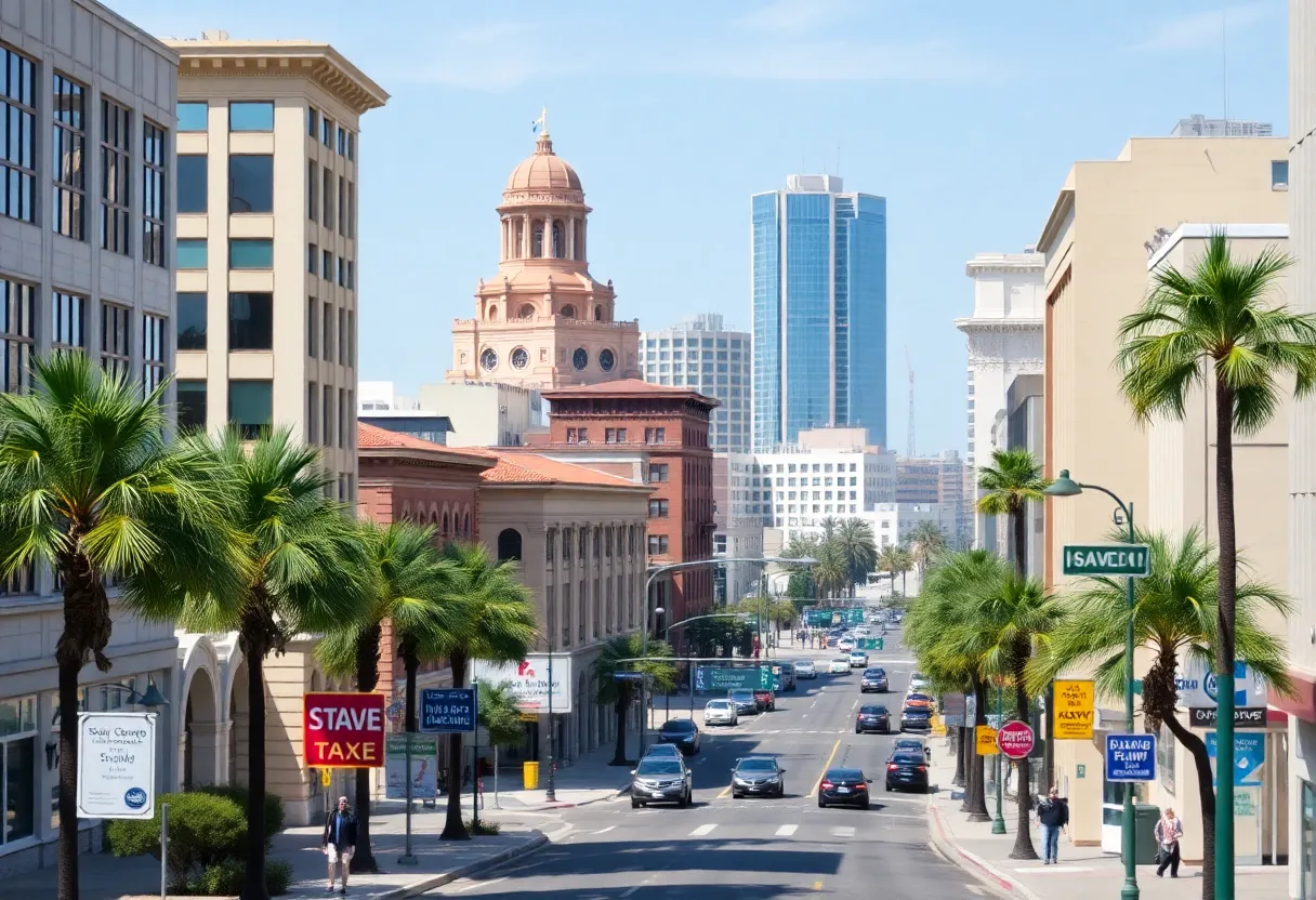 San Diego skyline with local government buildings related to taxation laws