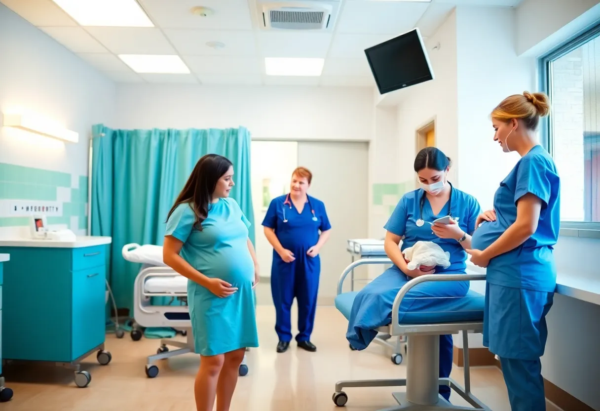 Healthcare professionals assisting new mothers and newborns in a maternity care hospital.