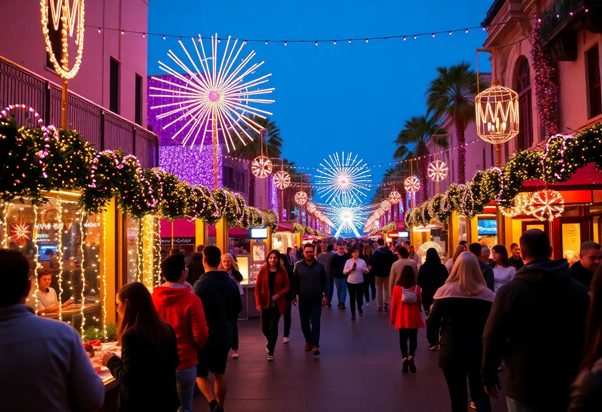 Festive celebrations in San Diego during the New Year with light displays and people enjoying the festivities.