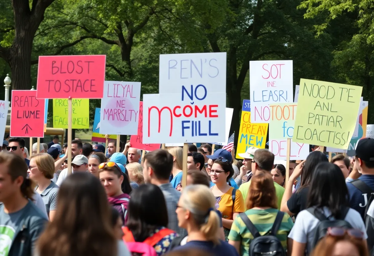 Crowd at San Diego No Kings protest displaying signs and banners.