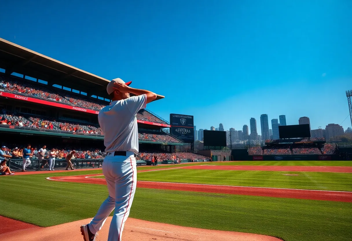 A baseball pitcher on the mound at a sunny San Diego stadium with cheering fans in the background.
