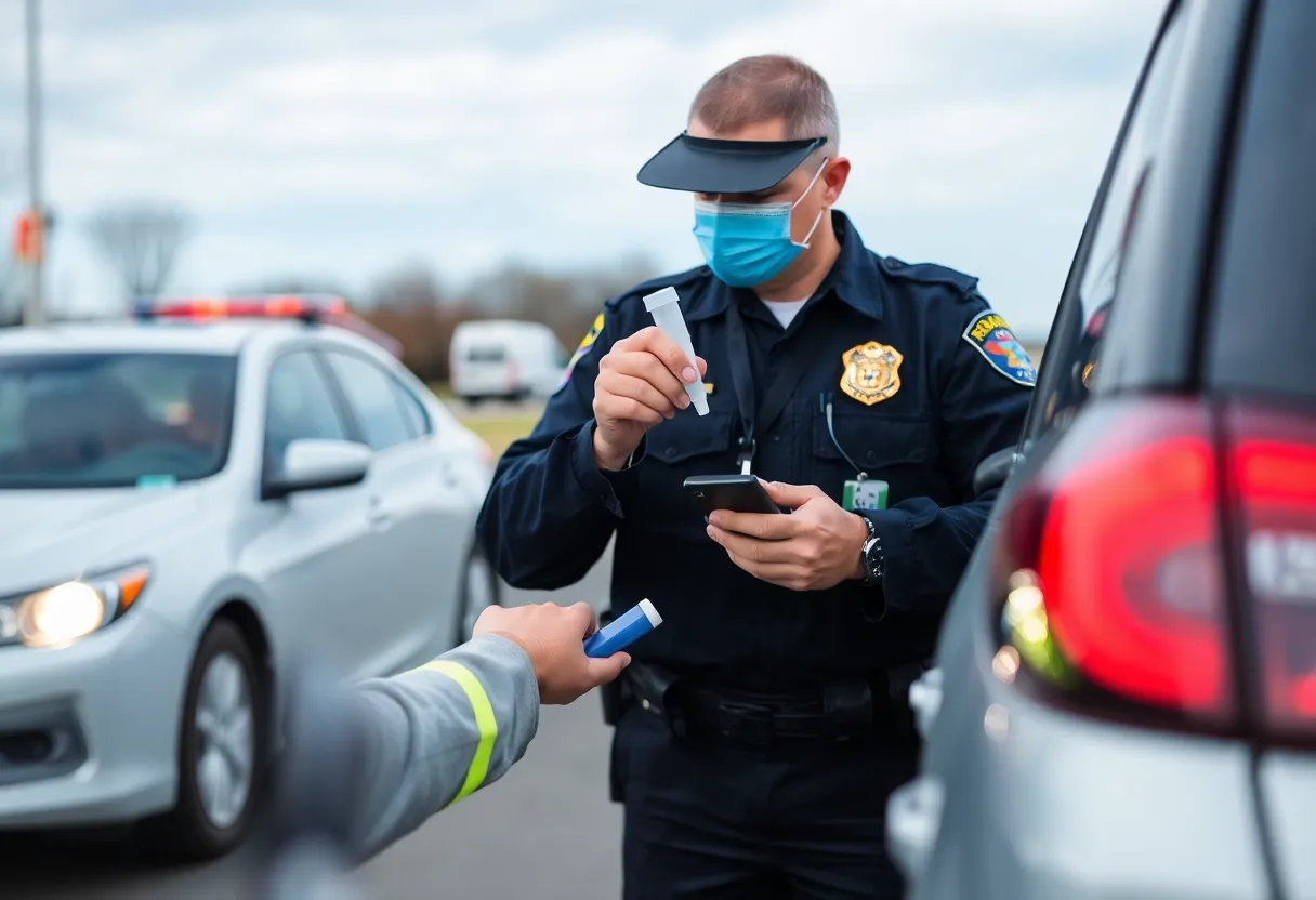 Police officer performing on-site drug testing at a roadside traffic stop