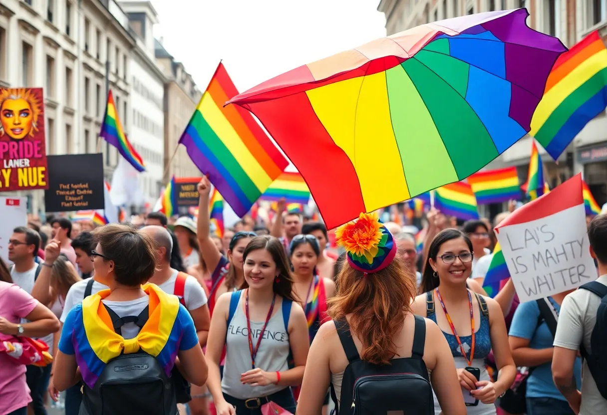 A vibrant crowd celebrating Pride in San Diego with rainbow flags and banners.