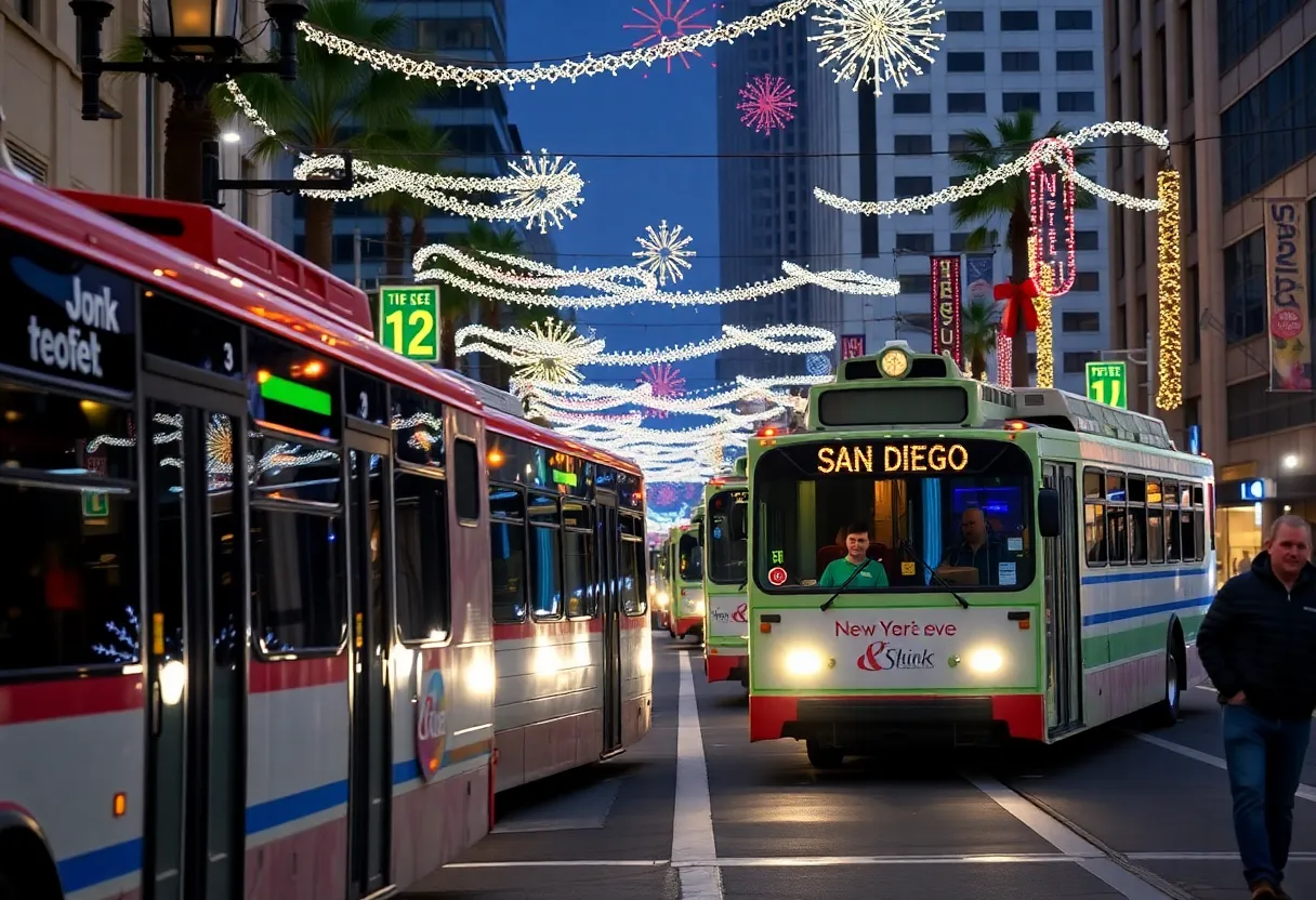 San Diego public transit buses and Trolley decorated for New Year's Eve.