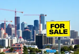 San Diego skyline highlighting real estate developments and signs.
