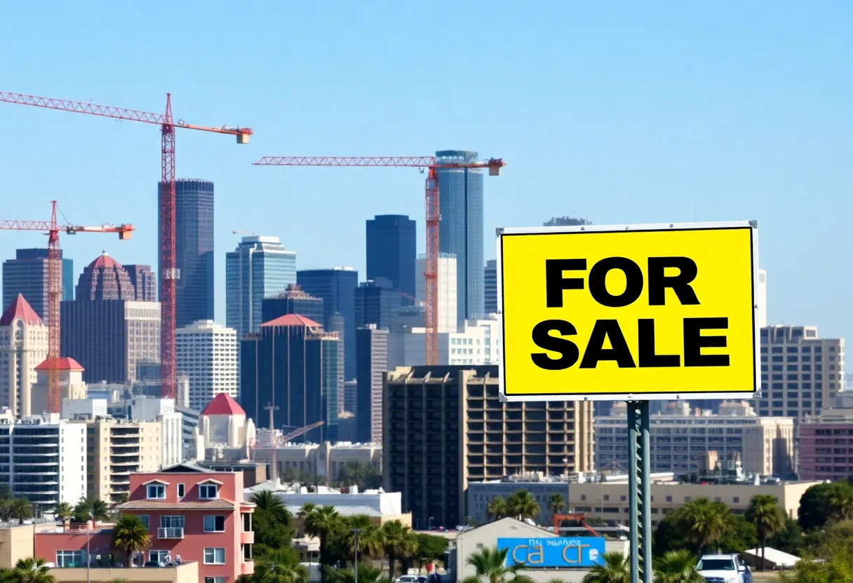 San Diego skyline highlighting real estate developments and signs.