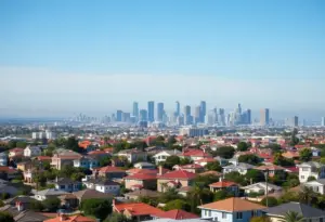 Overview of San Diego's rental market with skyline and residential homes