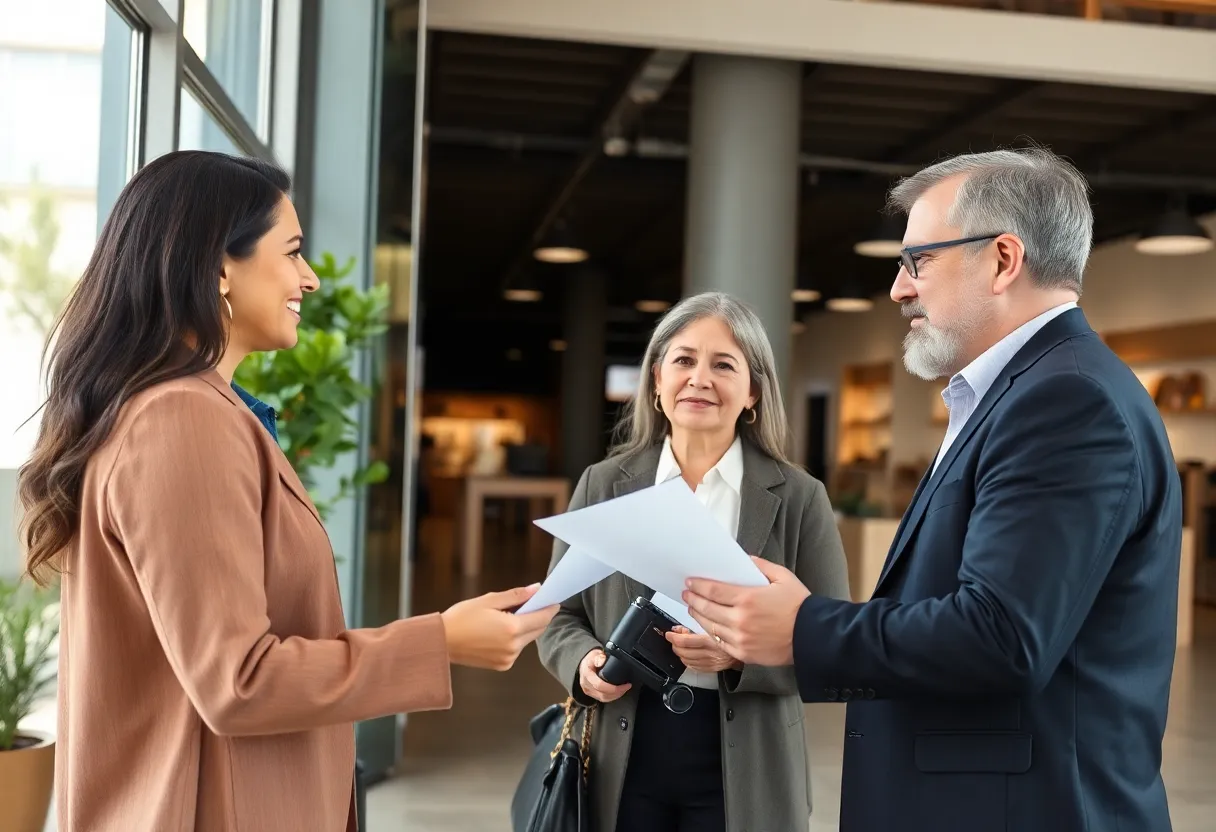 Consultants at a San Diego retail center discussing refinancing.