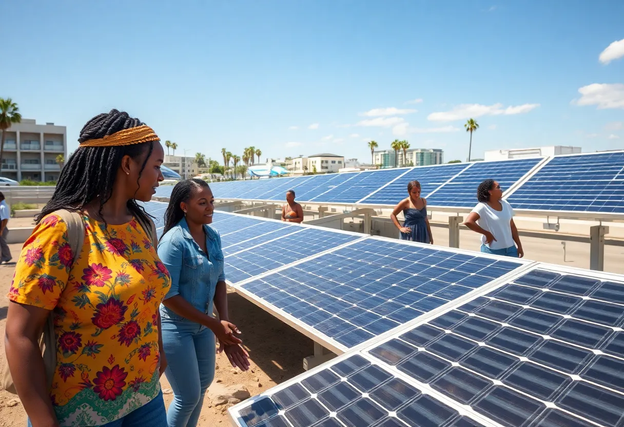 Diverse community members interacting with solar panels in San Diego.