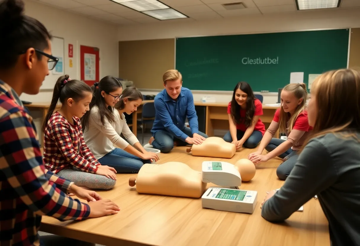 Students at Pacific Beach Middle School participating in CPR and AED training.
