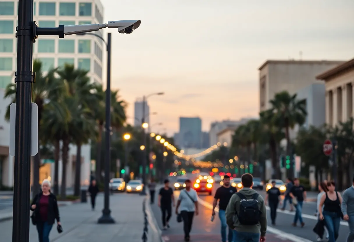 Smart streetlights with surveillance cameras in San Diego cityscape