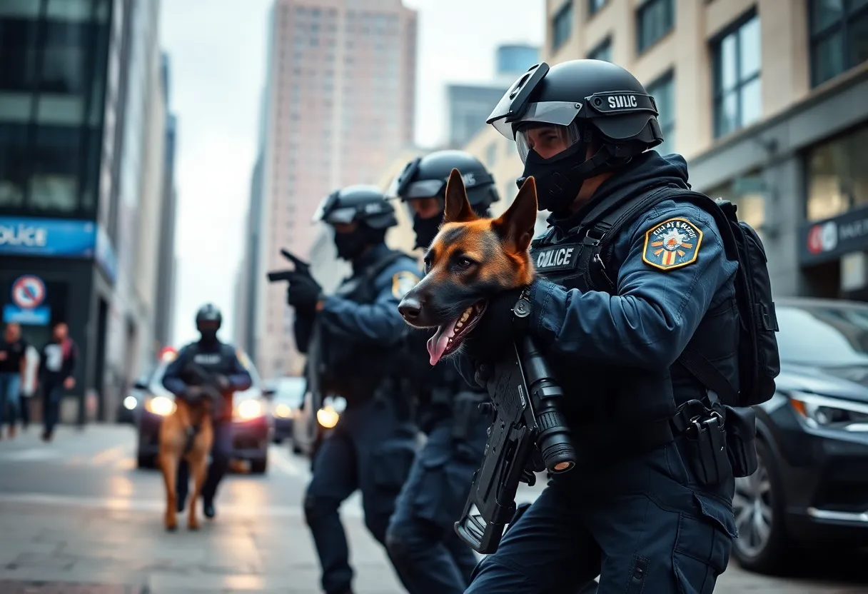 SWAT team and police K9 during a standoff in downtown San Diego.