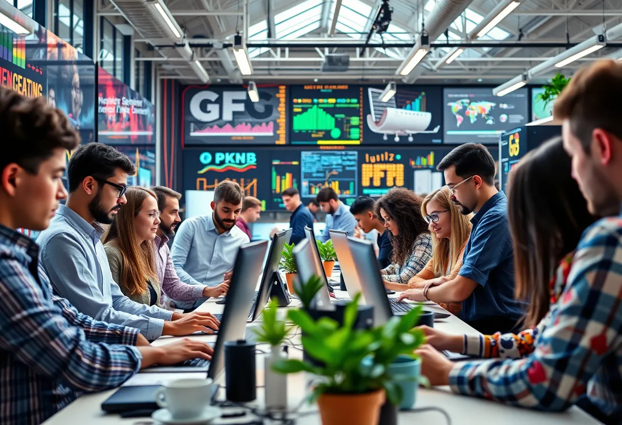 An innovative technology workspace with diverse professionals collaborating.