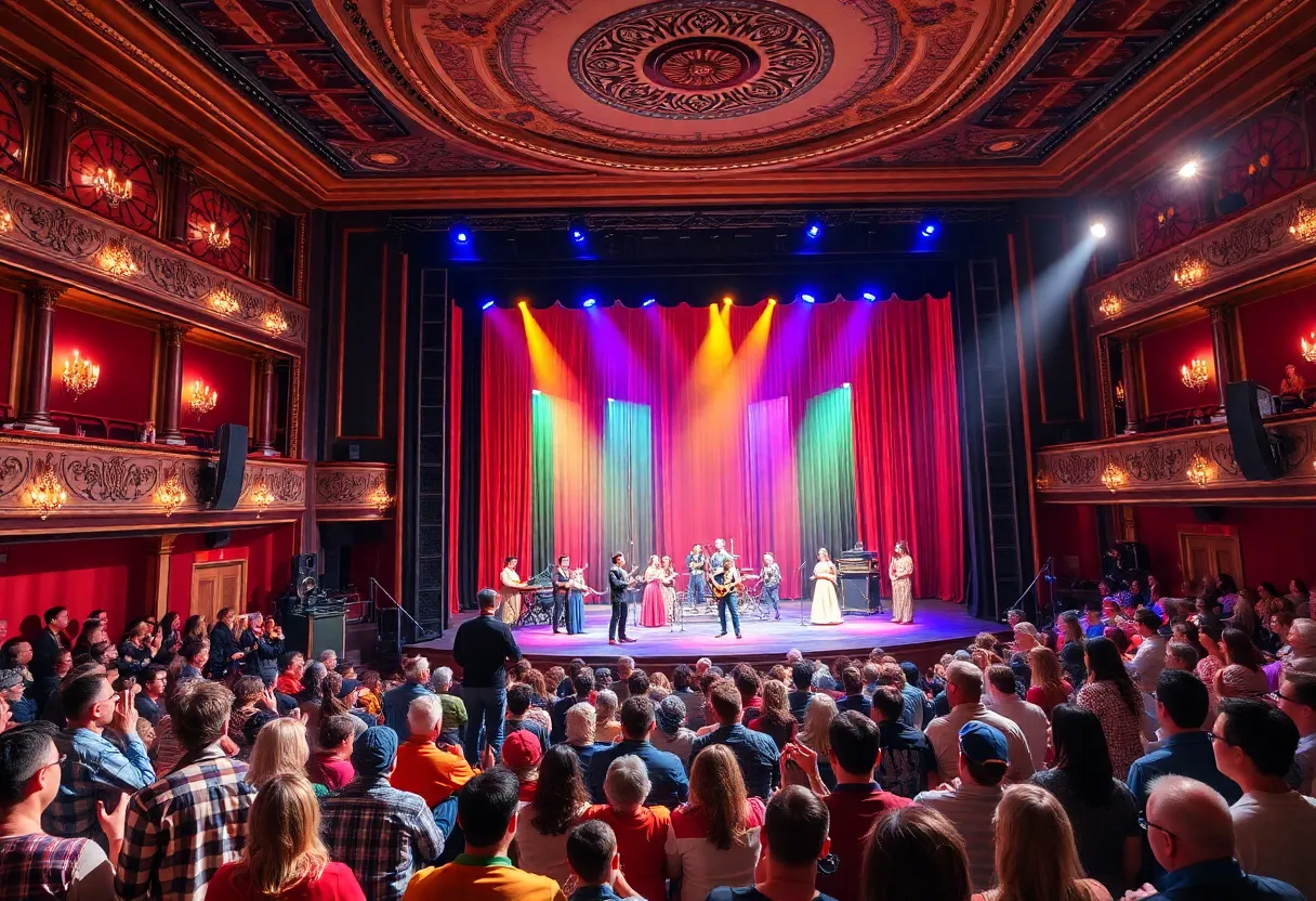 A colorful theater performance in San Diego with a lively audience.