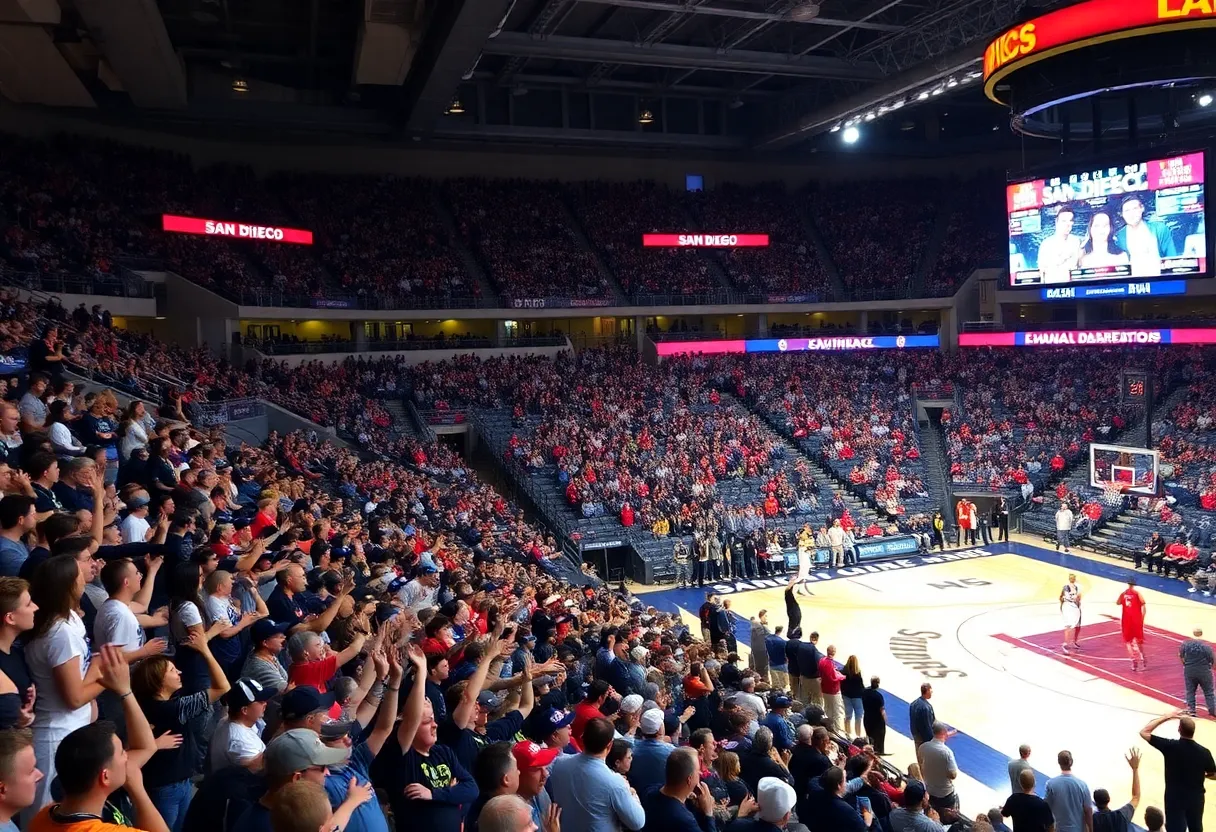 Fans cheering for San Diego Toreros and UC San Diego Tritons in a basketball game