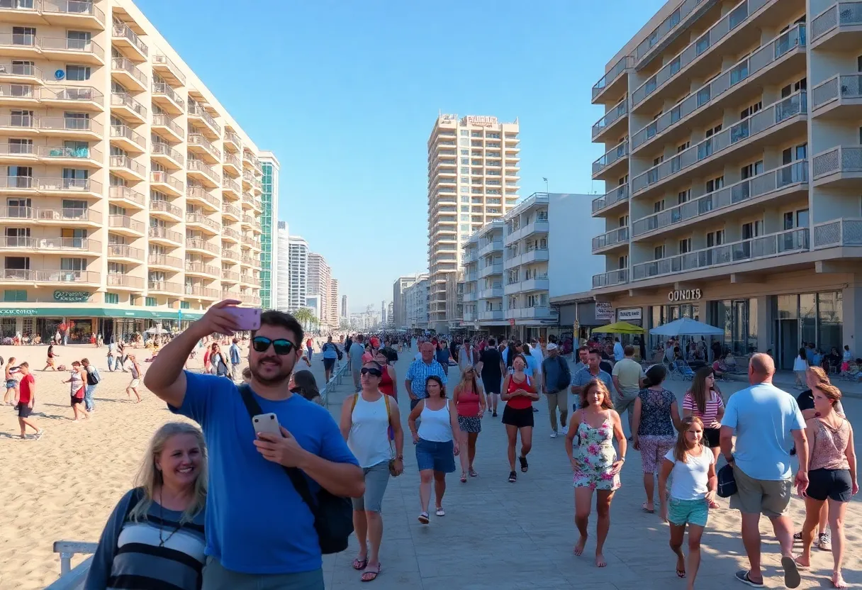 A view of the bustling San Diego beachfront showing empty hotel balconies and tourists enjoying the beach.