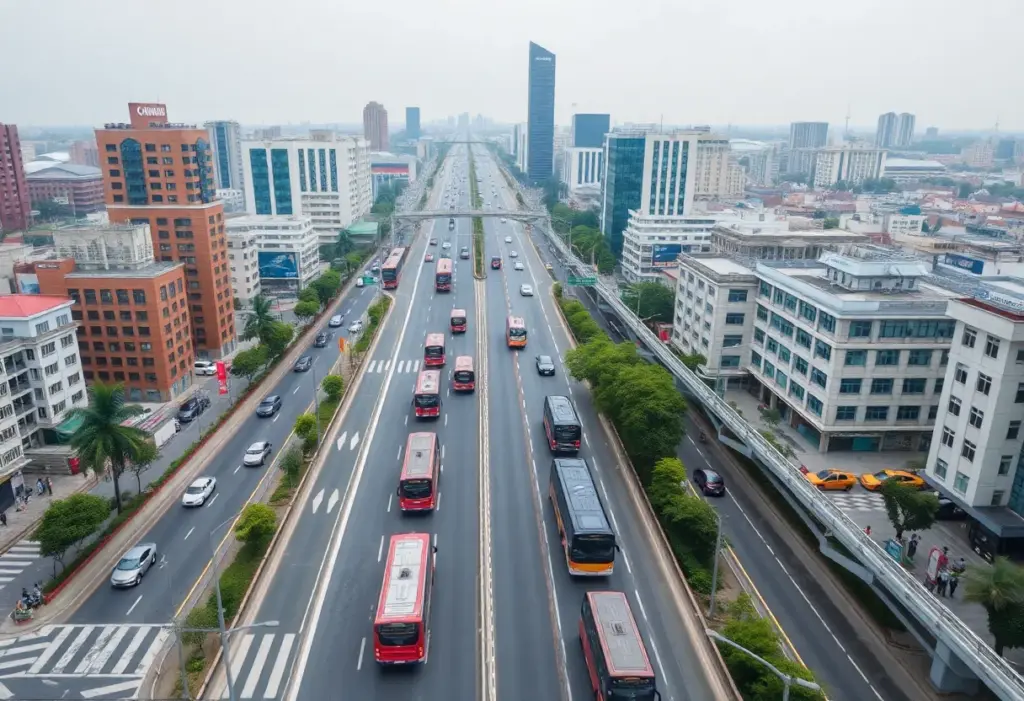 Aerial view of San Diego illustrating the transportation system with buses and roads.