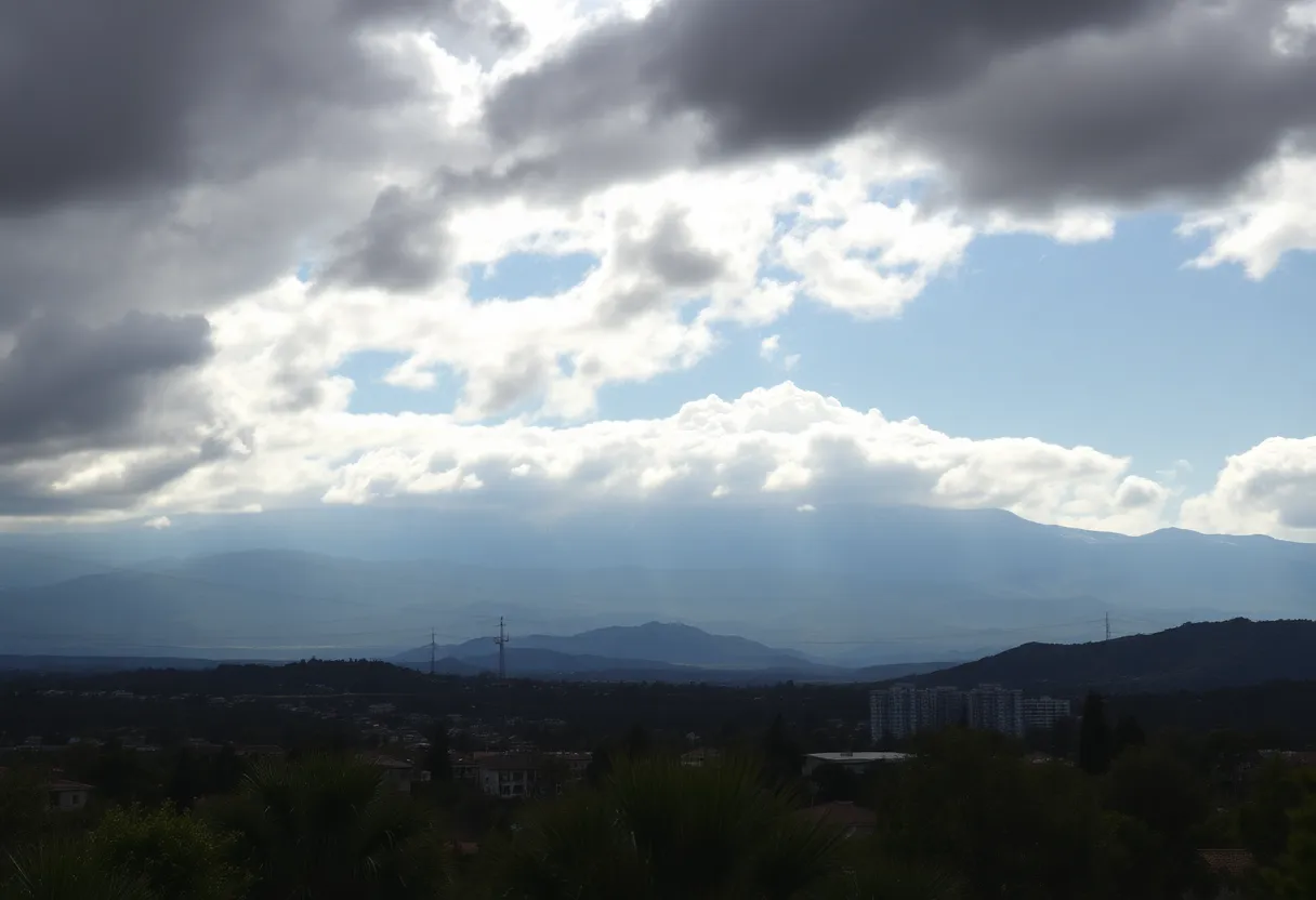 Cloudy skies and snowy mountains in San Diego County