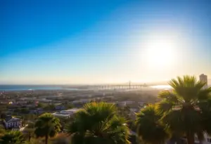 A sunny winter day in San Diego with palm trees.
