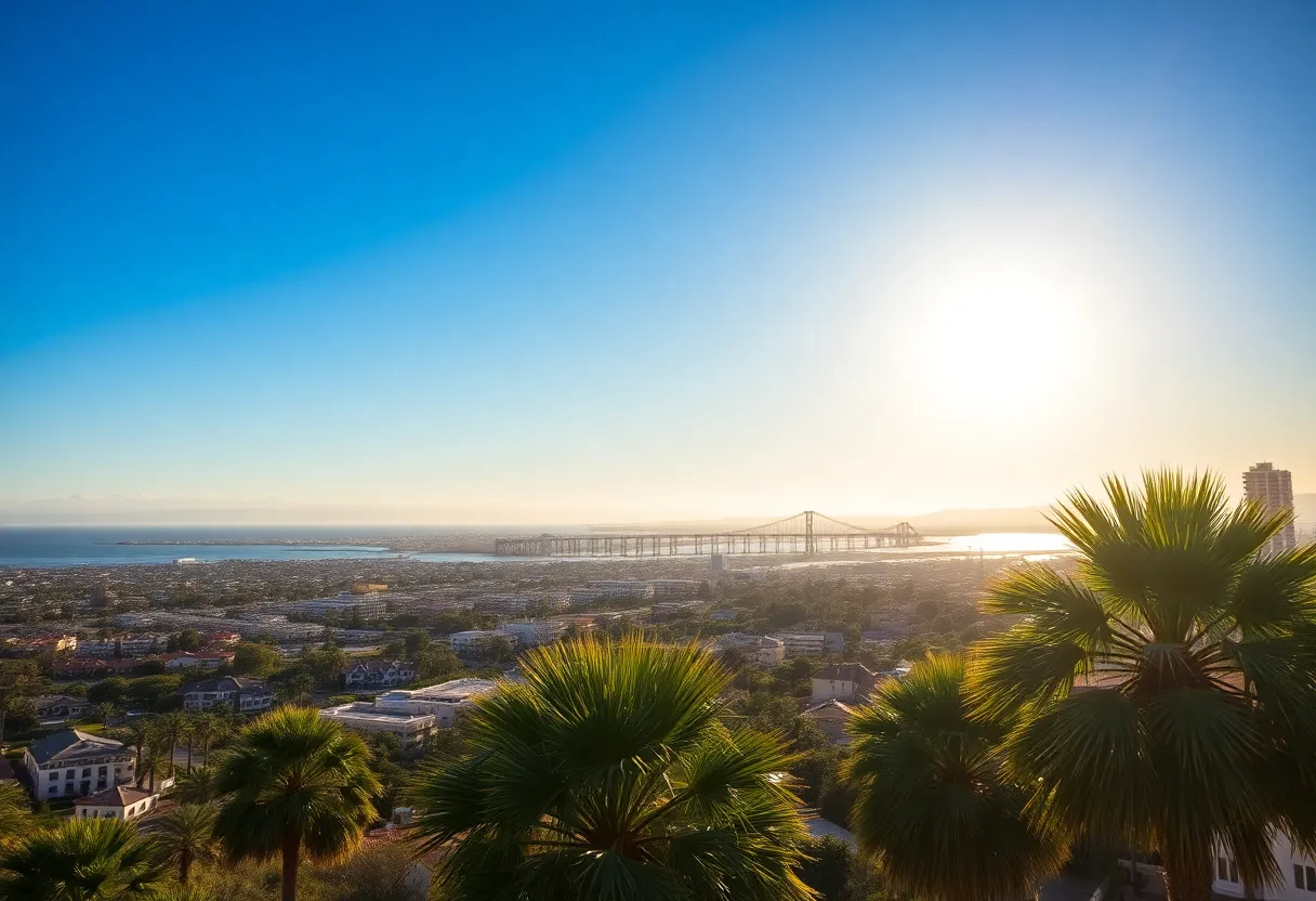 A sunny winter day in San Diego with palm trees.