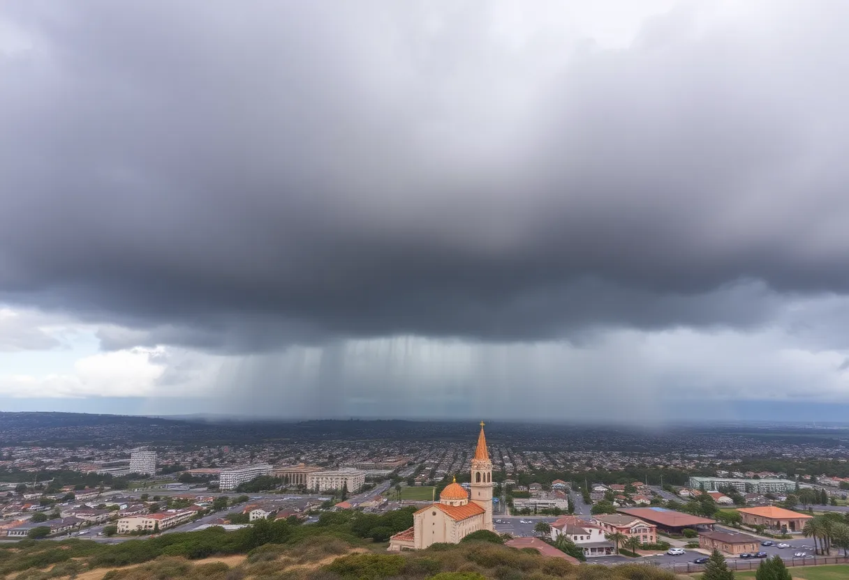 Winter storm clouds over San Diego with heavy rainfall