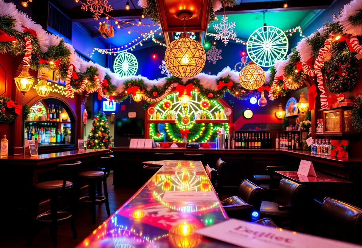 Holiday-themed bar with decorations and festive atmosphere in San Diego.