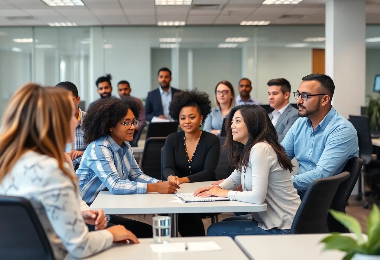 Diverse group of employees collaborating in a San Diego office setting