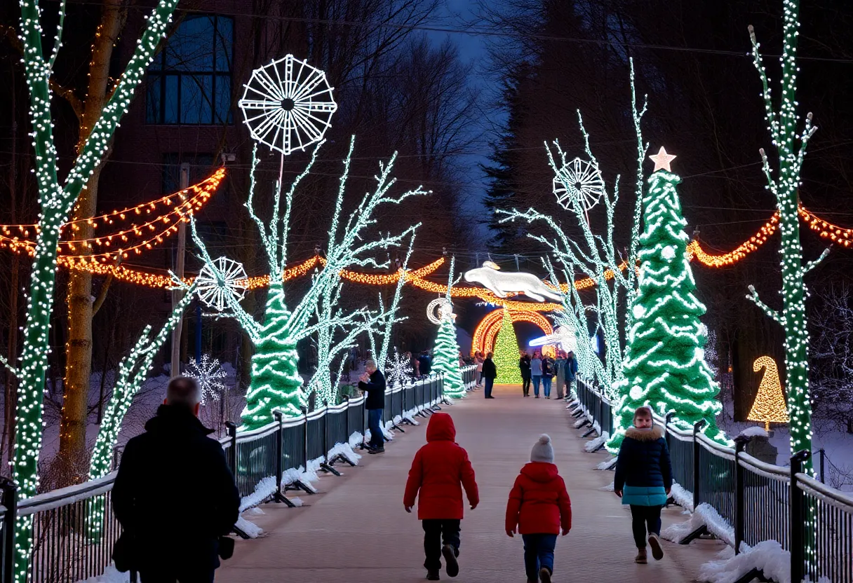 Families experiencing the Jungle Bells event at San Diego Zoo with holiday lights and decorations.