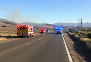 Emergency vehicles respond to a fiery crash on a rural road in San Felipe Valley