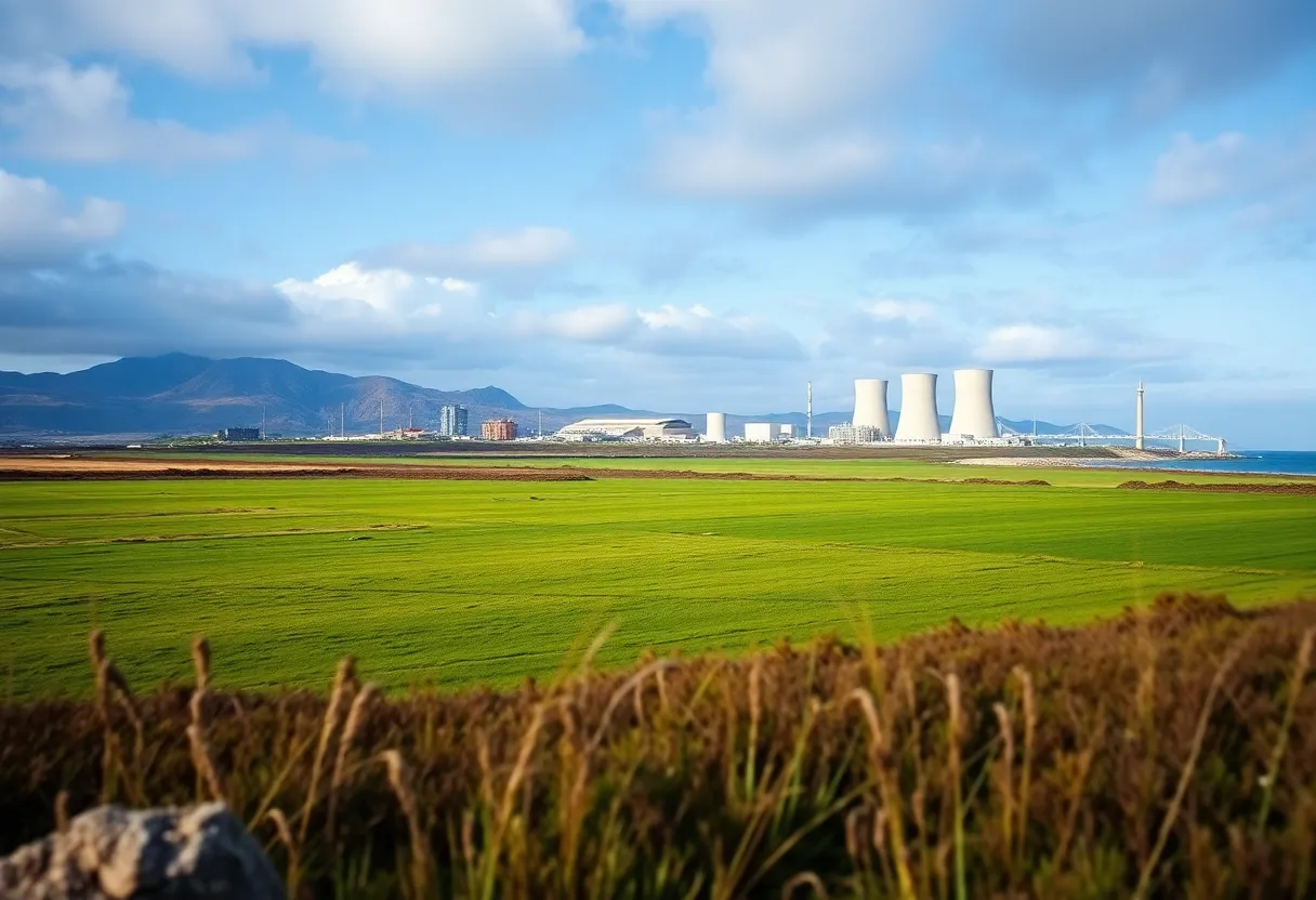 Coastal landscape with nuclear facility emphasizing waste management