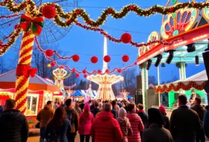SantaCon 2025 event at Belmont Park with holiday decorations and amusement rides