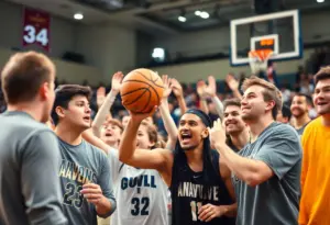 San Diego State University basketball game with fans cheering.
