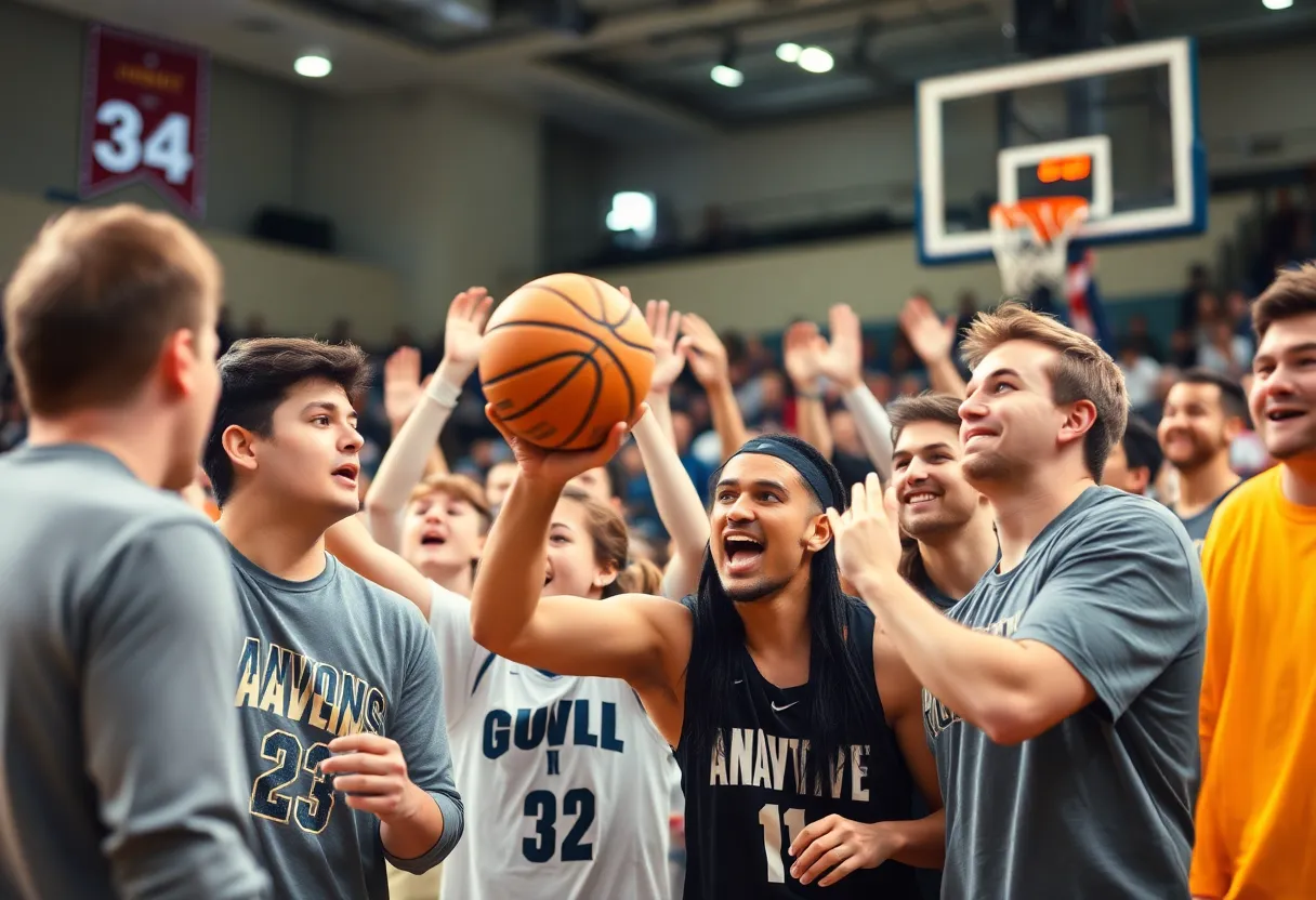 San Diego State University basketball game with fans cheering.