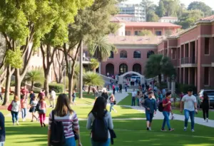 Vibrant scene at San Diego State University with students and campus buildings.
