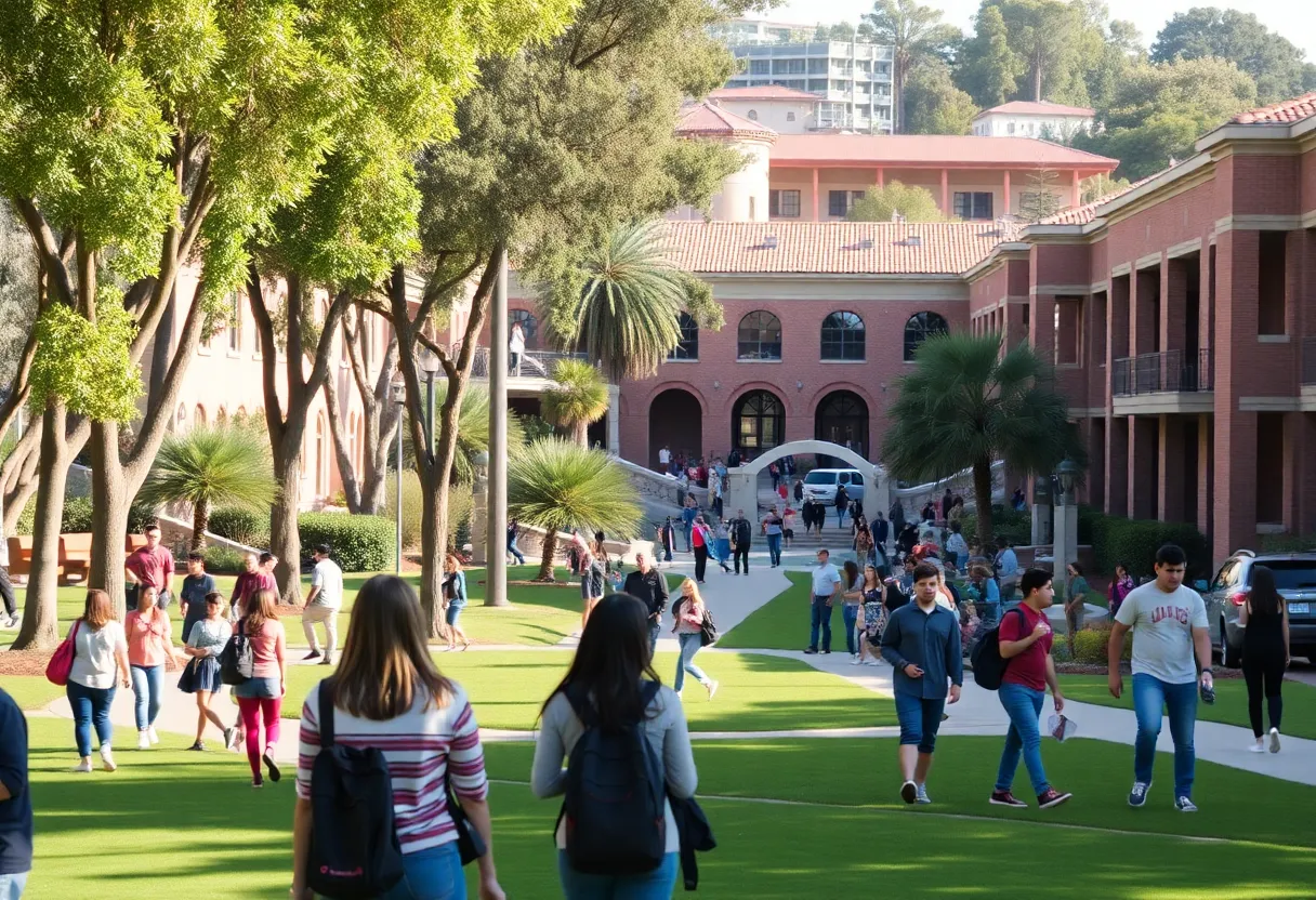 Vibrant scene at San Diego State University with students and campus buildings.