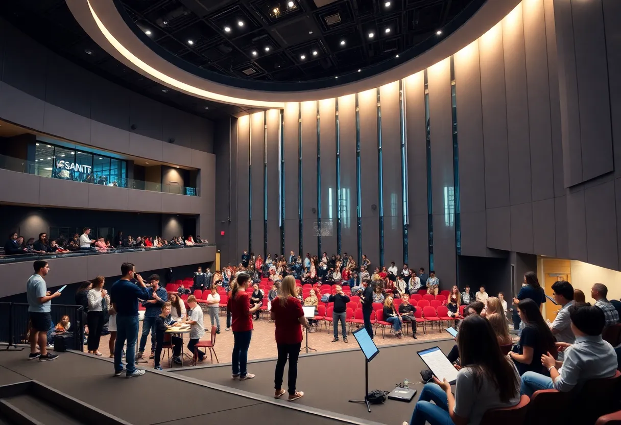 New theater campus at San Diego State University with students involved in theater activities